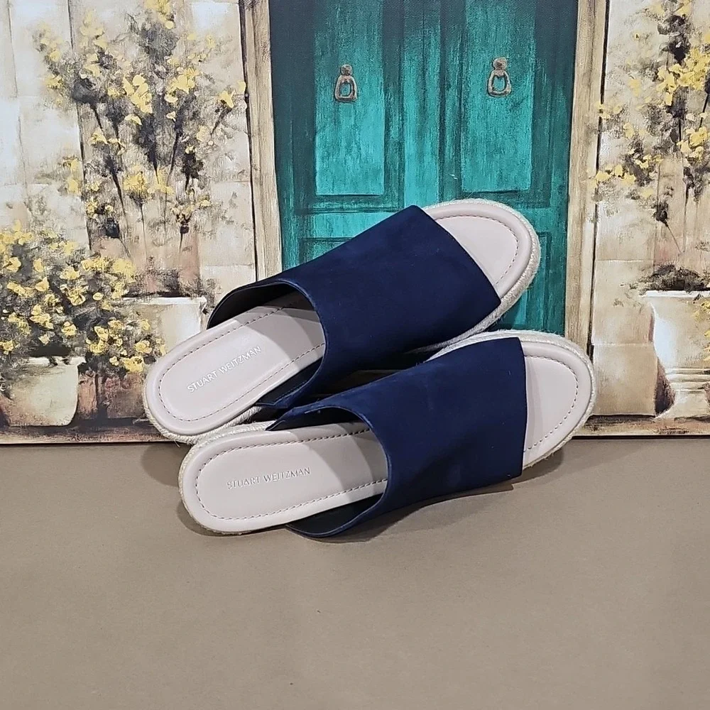 Stuart Weitzman Navy Wonda Espadrille Wedge Heel Mules Sandals Size EU 40/9.5 B